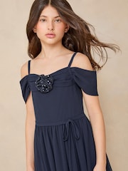 Lipsy Navy Blue Corsage Cold Shoulder Occasion Dress (10-16yrs) - Image 3 of 4