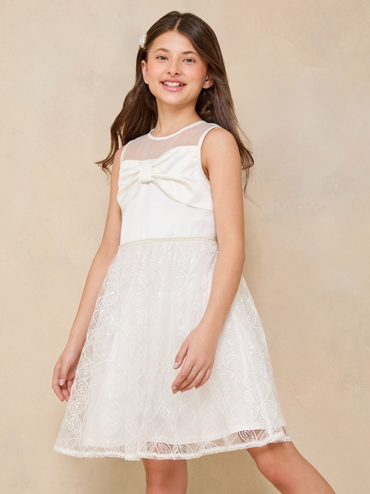 Lipsy Ivory 3D Bow Pearl Trim Ocassion Dress (5-16yrs) - Image 1 of 5