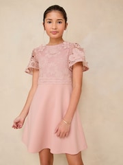 Lipsy Pink 2-in-1 Flutter Sleeve Lace Occasion Dress (5-16yrs) - Image 1 of 5