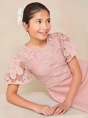 Lipsy Pink 2-in-1 Flutter Sleeve Lace Occasion Dress (5-16yrs) - Image 2 of 5
