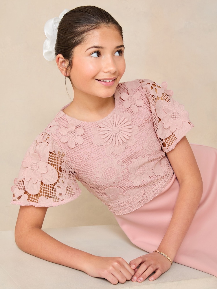 Lipsy Pink 2-in-1 Flutter Sleeve Lace Occasion Dress (5-16yrs) - Image 2 of 5