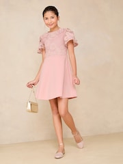 Lipsy Pink 2-in-1 Flutter Sleeve Lace Occasion Dress (5-16yrs) - Image 3 of 5