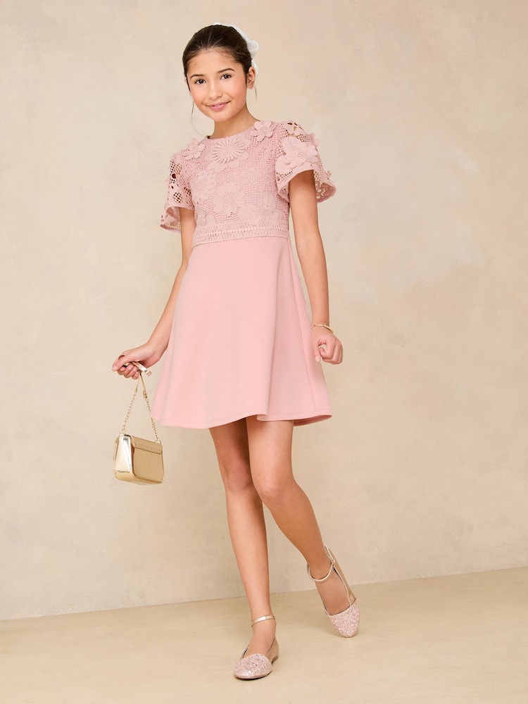 Lipsy Pink 2-in-1 Flutter Sleeve Lace Occasion Dress (5-16yrs) - Image 3 of 5