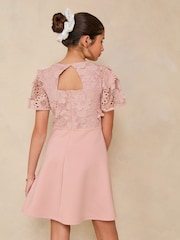 Lipsy Pink 2-in-1 Flutter Sleeve Lace Occasion Dress (5-16yrs) - Image 4 of 5