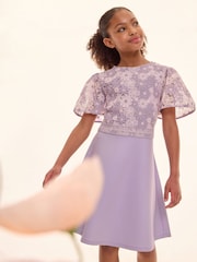 Lipsy Lilac Purple 2-in-1 Flutter Sleeve Lace Occasion Dress (5-16yrs) - Image 1 of 5