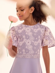 Lipsy Lilac Purple 2-in-1 Flutter Sleeve Lace Occasion Dress (5-16yrs) - Image 3 of 5