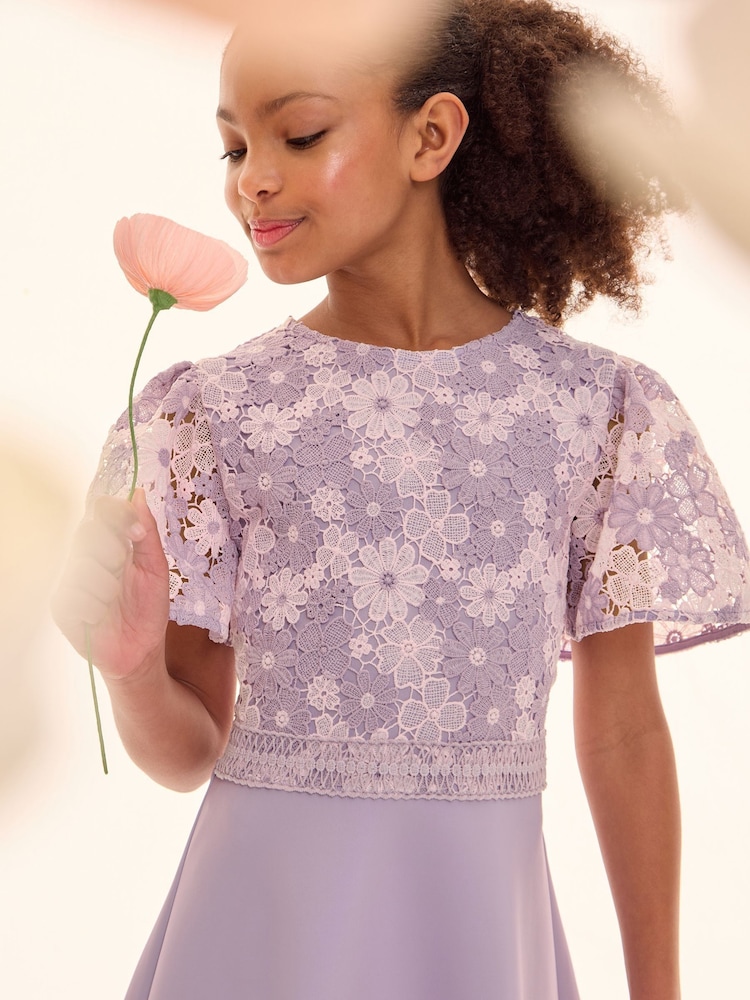 Lipsy Lilac Purple 2-in-1 Flutter Sleeve Lace Occasion Dress (5-16yrs) - Image 3 of 5