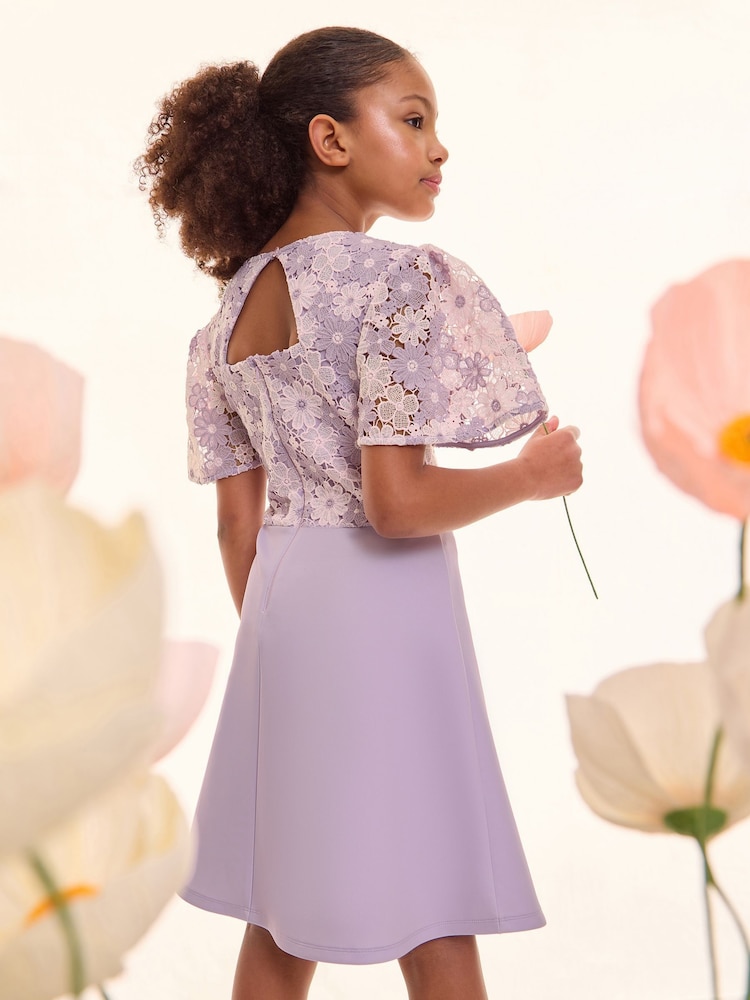 Lipsy Lilac Purple 2-in-1 Flutter Sleeve Lace Occasion Dress (5-16yrs) - Image 4 of 5