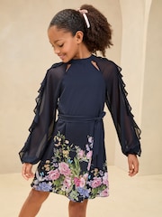Lipsy Navy Blue Floral Placement Print Long Sleeve Dress (5-16yrs) - Image 1 of 4