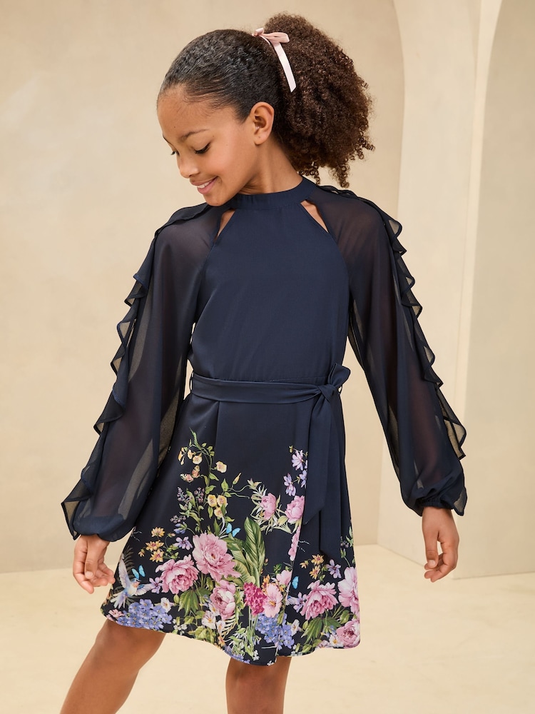 Lipsy Navy Blue Floral Placement Print Long Sleeve Dress (5-16yrs) - Image 1 of 4