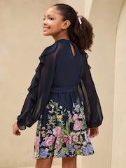 Lipsy Navy Blue Floral Placement Print Long Sleeve Dress (5-16yrs) - Image 2 of 4