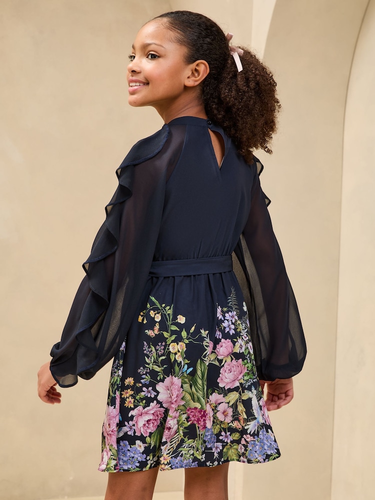 Lipsy Navy Blue Floral Placement Print Long Sleeve Dress (5-16yrs) - Image 2 of 4