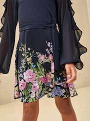 Lipsy Navy Blue Floral Placement Print Long Sleeve Dress (5-16yrs) - Image 4 of 4