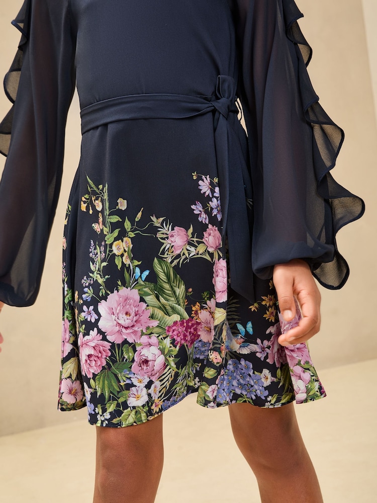 Lipsy Navy Blue Floral Placement Print Long Sleeve Dress (5-16yrs) - Image 4 of 4
