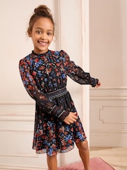 Love & Roses Black Floral Chiffon Long Sleeve Dress (5-16yrs) - Image 1 of 4