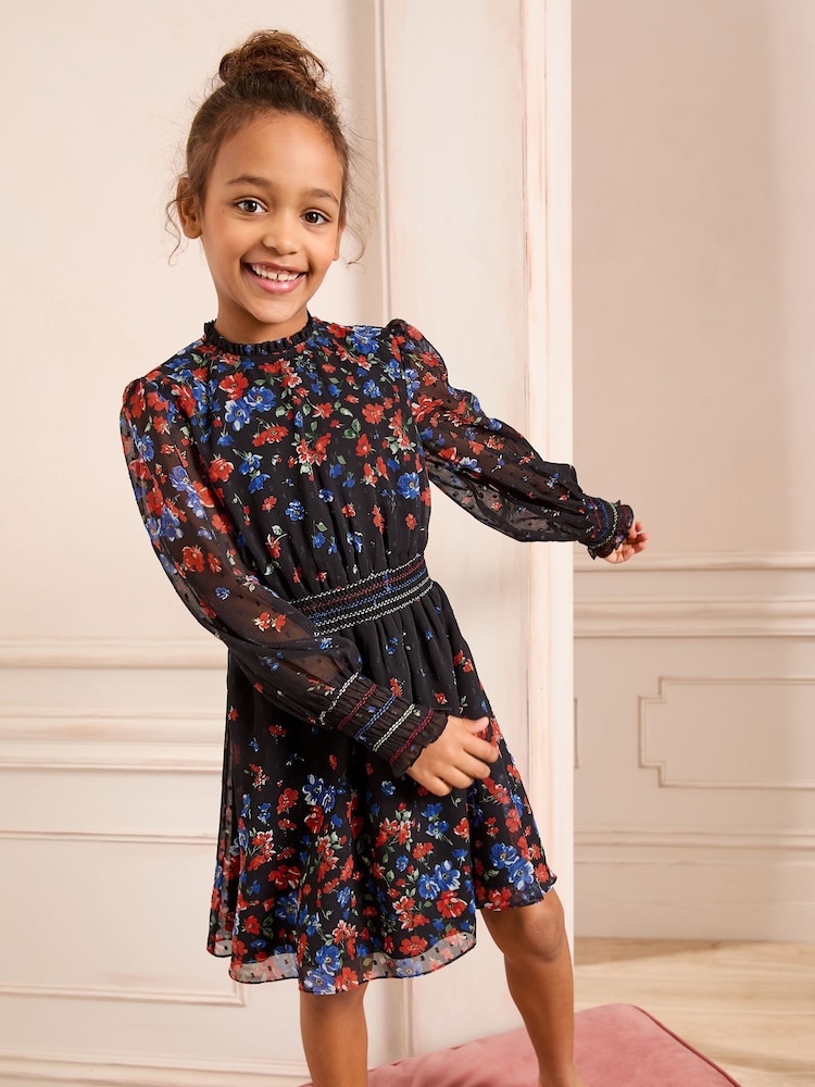 Love & Roses Black Floral Chiffon Long Sleeve Dress (5-16yrs) - Image 1 of 4