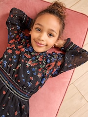 Love & Roses Black Floral Chiffon Long Sleeve Dress (5-16yrs) - Image 2 of 4