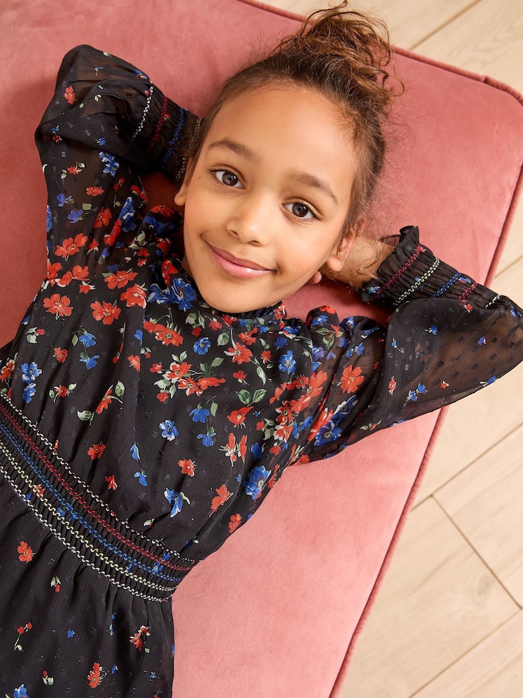 Love & Roses Black Floral Chiffon Long Sleeve Dress (5-16yrs) - Image 2 of 4