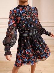Love & Roses Black Floral Chiffon Long Sleeve Dress (5-16yrs) - Image 3 of 4