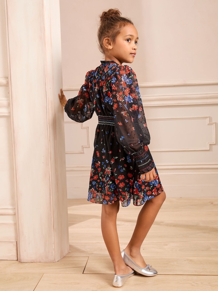 Love & Roses Black Floral Chiffon Long Sleeve Dress (5-16yrs) - Image 4 of 4