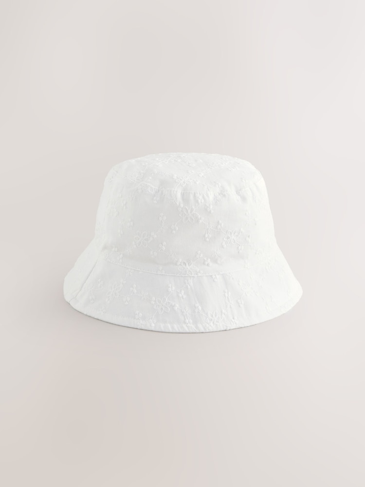 White 100% Cotton Embroided Bucket Hat (3mths-10yrs) - Image 1 of 3