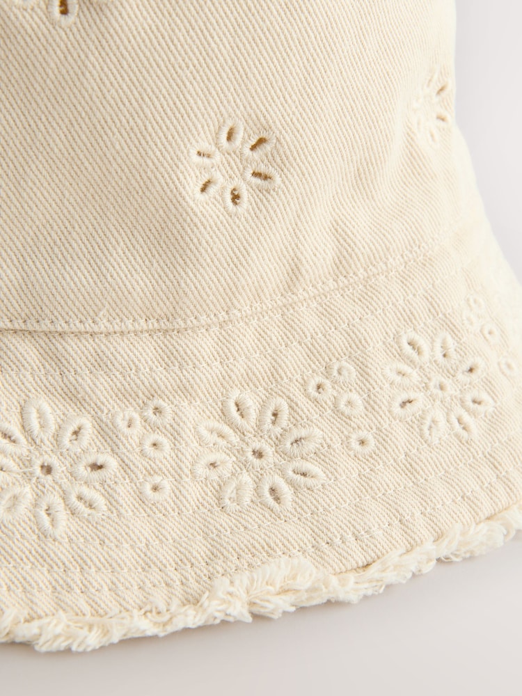 Cream 100% Cotton Broderie Anglais Flower Bucket Hat (3mths-16yrs) - Image 2 of 3 Cream 100% Cotton Broderie Anglais Flower Bucket Hat (3mths-16yrs) - Image 2 of 3