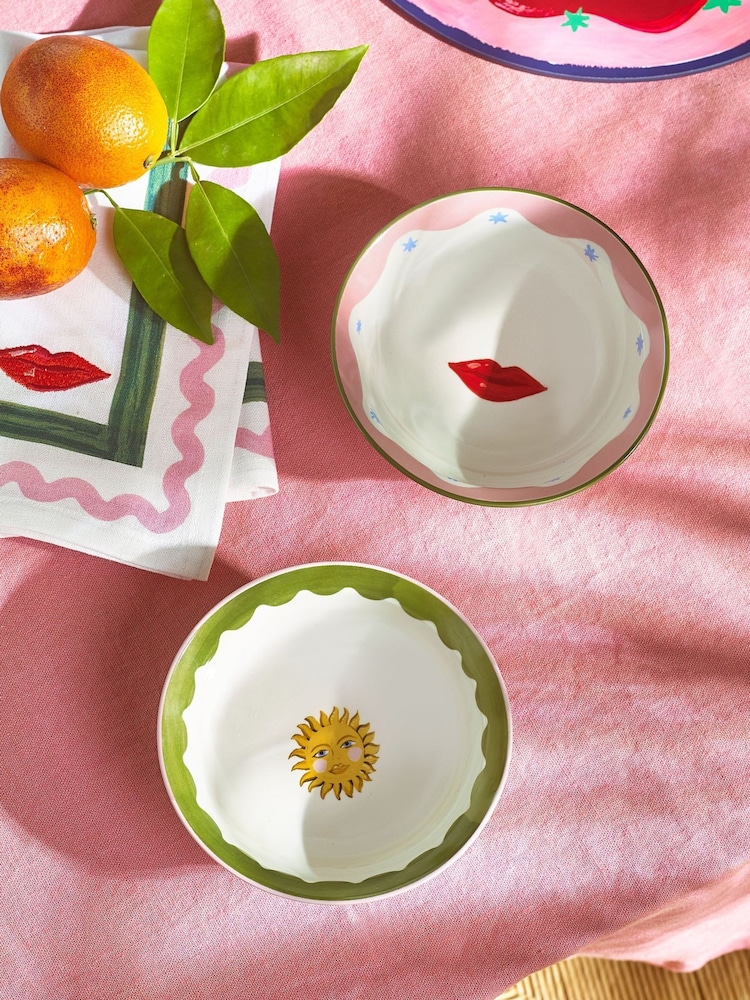 Eleanor Bowmer Set of 2 White Electric Coast Sun & Lips Nibble Bowls - Image 1 of 3
