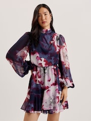 Ted Baker Blue Aracely Printed Long Sleeves Neck Tie  Mini Dress - Image 1 of 9