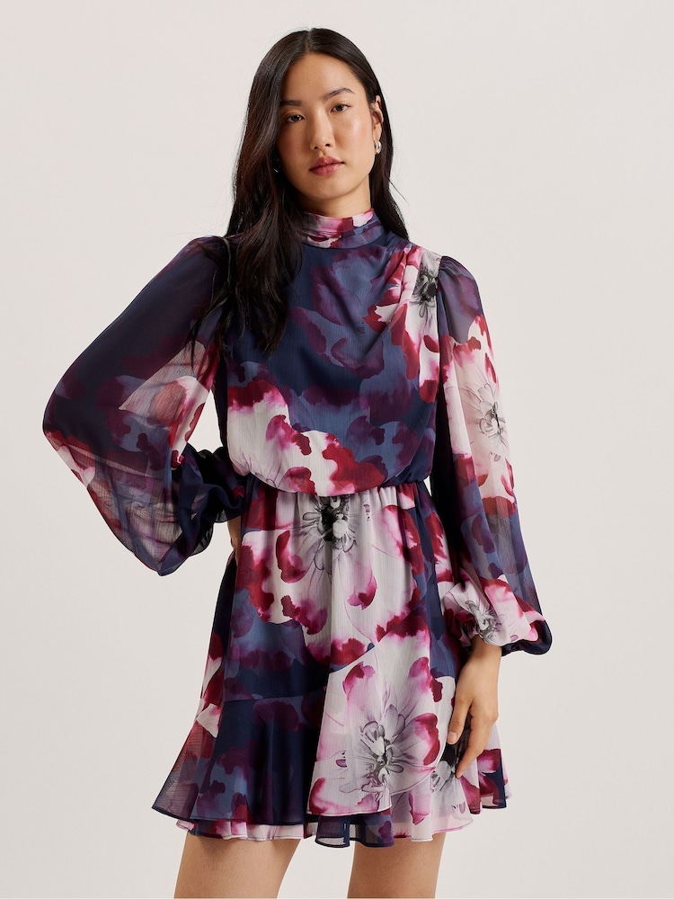 Ted Baker Blue Aracely Printed Long Sleeves Neck Tie  Mini Dress - Image 1 of 9