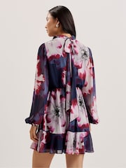 Ted Baker Blue Aracely Printed Long Sleeves Neck Tie  Mini Dress - Image 2 of 9