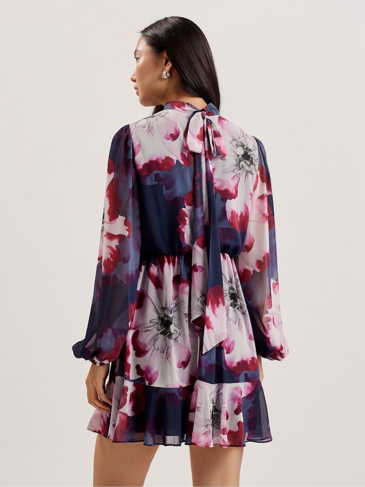 Ted Baker Blue Aracely Printed Long Sleeves Neck Tie  Mini Dress - Image 2 of 9