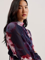 Ted Baker Blue Aracely Printed Long Sleeves Neck Tie  Mini Dress - Image 4 of 9