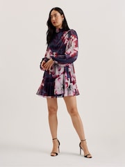 Ted Baker Blue Aracely Printed Long Sleeves Neck Tie  Mini Dress - Image 5 of 9