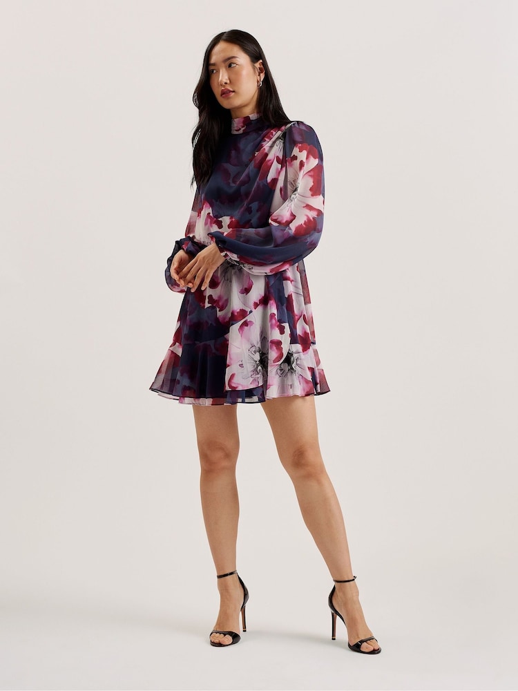 Ted Baker Blue Aracely Printed Long Sleeves Neck Tie  Mini Dress - Image 5 of 9