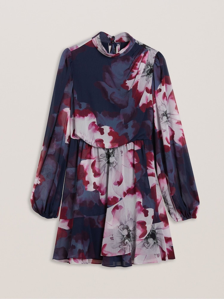 Ted Baker Blue Aracely Printed Long Sleeves Neck Tie  Mini Dress - Image 7 of 9