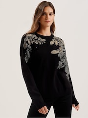 Ted Baker Black Rosmrry Embellished Crew Neck Long Sleeve Sweater - Image 1 of 6