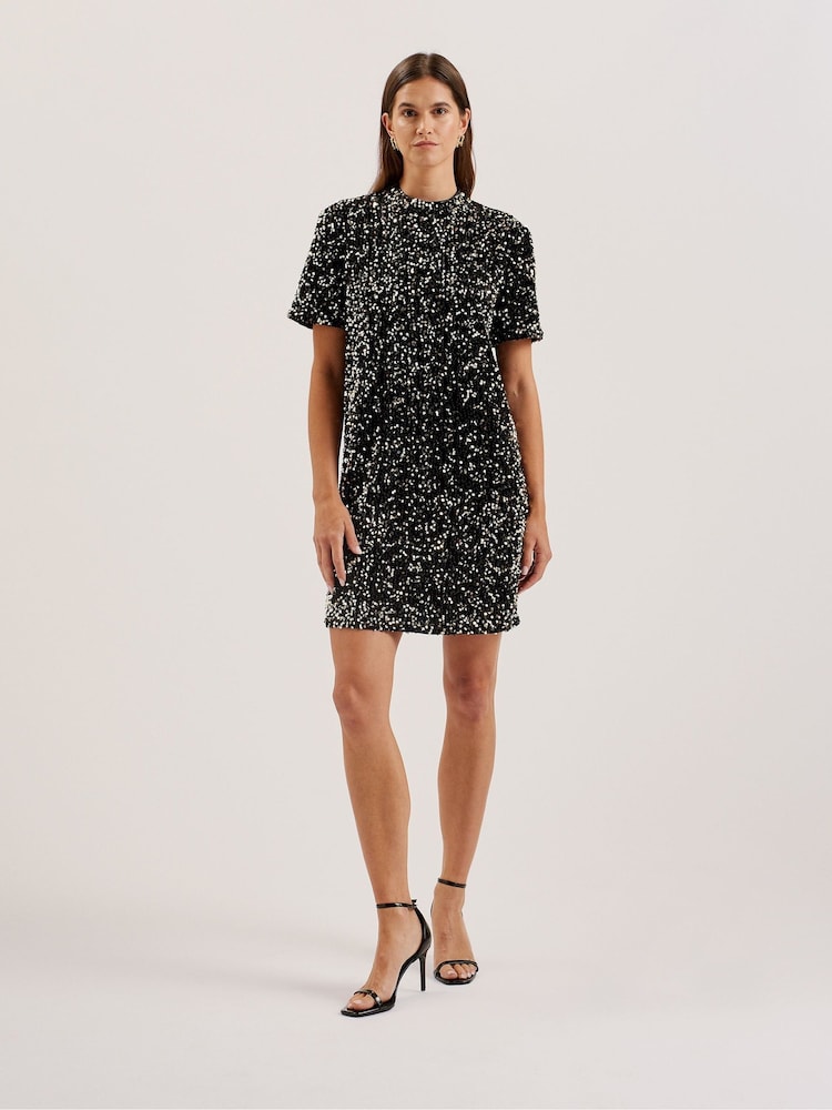 Ted Baker Black Audriyy Velvet Sequin T-Shirt Mini Dress - Image 1 of 7