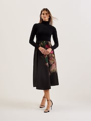 Ted Baker Black Asnes Knit Bodice Dress With Printed Wrap Skirt - Image 1 of 6