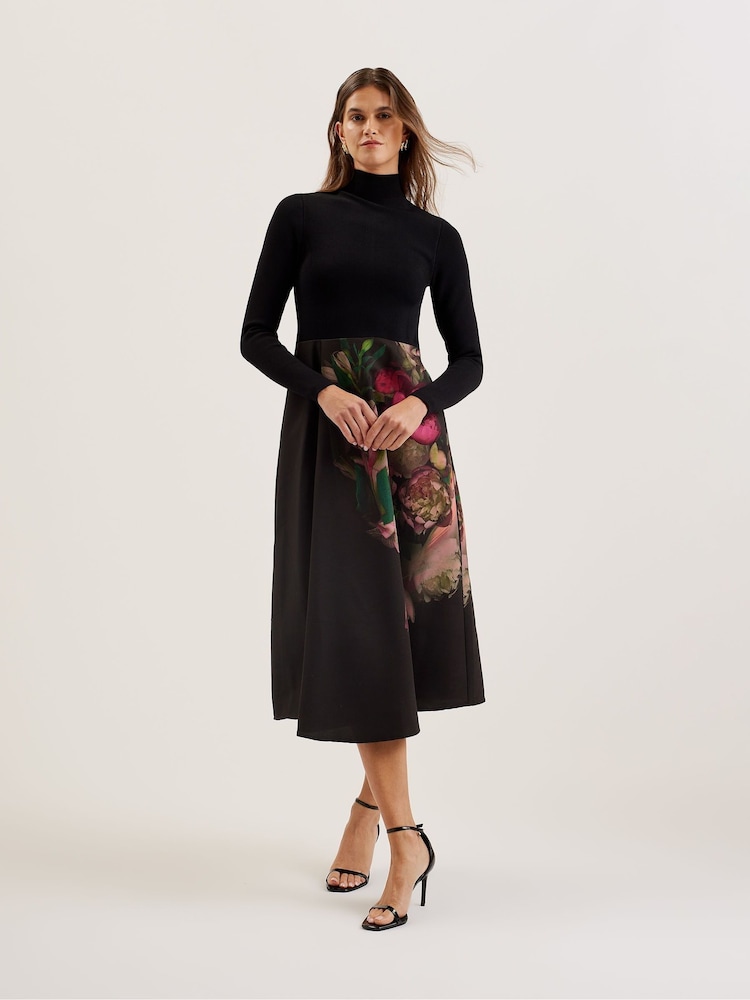 Ted Baker Black Asnes Knit Bodice Dress With Printed Wrap Skirt - Image 1 of 6