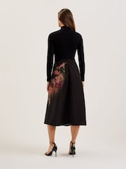 Ted Baker Black Asnes Knit Bodice Dress With Printed Wrap Skirt - Image 3 of 6