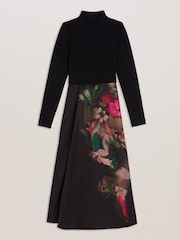 Ted Baker Black Asnes Knit Bodice Dress With Printed Wrap Skirt - Image 4 of 6