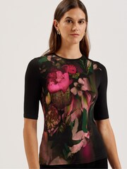 Ted Baker Black Floene Printed Skinny Fit Quarter Sleeves Top - Image 1 of 7