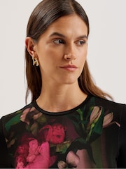 Ted Baker Black Floene Printed Skinny Fit Quarter Sleeves Top - Image 3 of 7