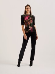 Ted Baker Black Floene Printed Skinny Fit Quarter Sleeves Top - Image 4 of 7
