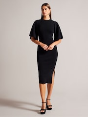 Ted Baker Black Lounia Fluted Sleeves Knitted Bodycon Midi Dress - Image 1 of 6