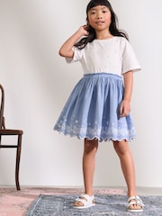 White/Blue Daisy Trim Embroidered 100% Cotton Skirt Dress (3-12yrs) - Image 1 of 8