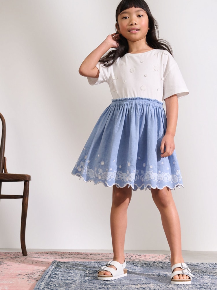 White/Blue Daisy Trim Embroidered 100% Cotton Skirt Dress (3-12yrs) - Image 1 of 8