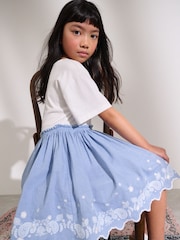 White/Blue Daisy Trim Embroidered 100% Cotton Skirt Dress (3-12yrs) - Image 2 of 8