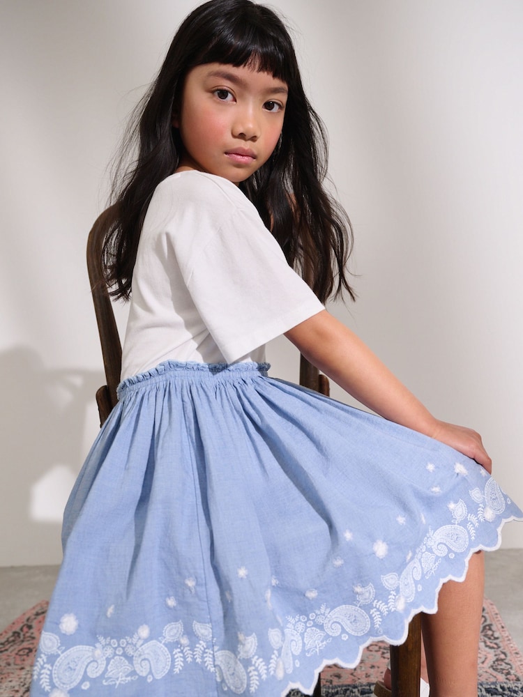 White/Blue Daisy Trim Embroidered 100% Cotton Skirt Dress (3-12yrs) - Image 2 of 8