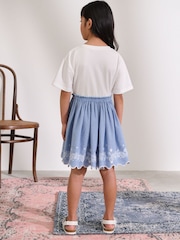 White/Blue Daisy Trim Embroidered 100% Cotton Skirt Dress (3-12yrs) - Image 3 of 8